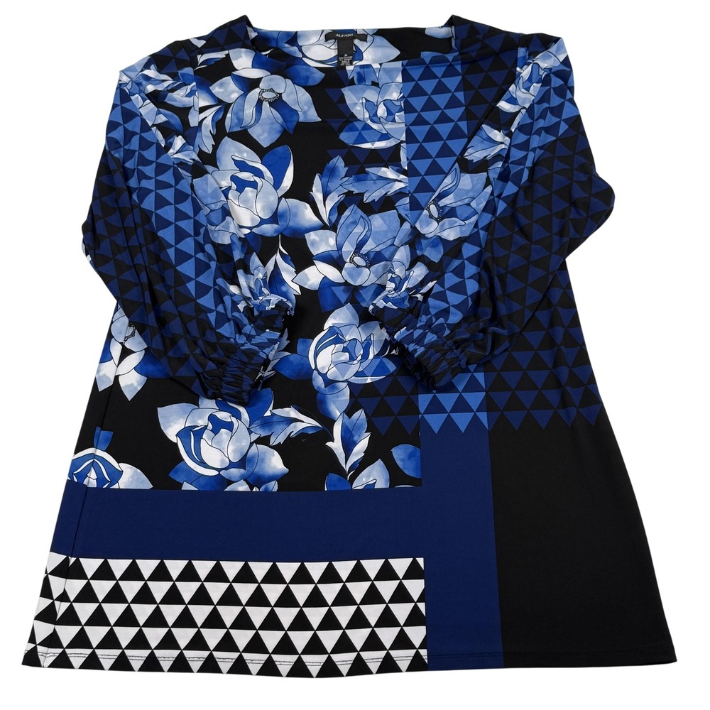 Alfani Tunic Blouse M Blue Floral Geometric‎ 3/4 Sleeve Stretch Artsy Patchwork